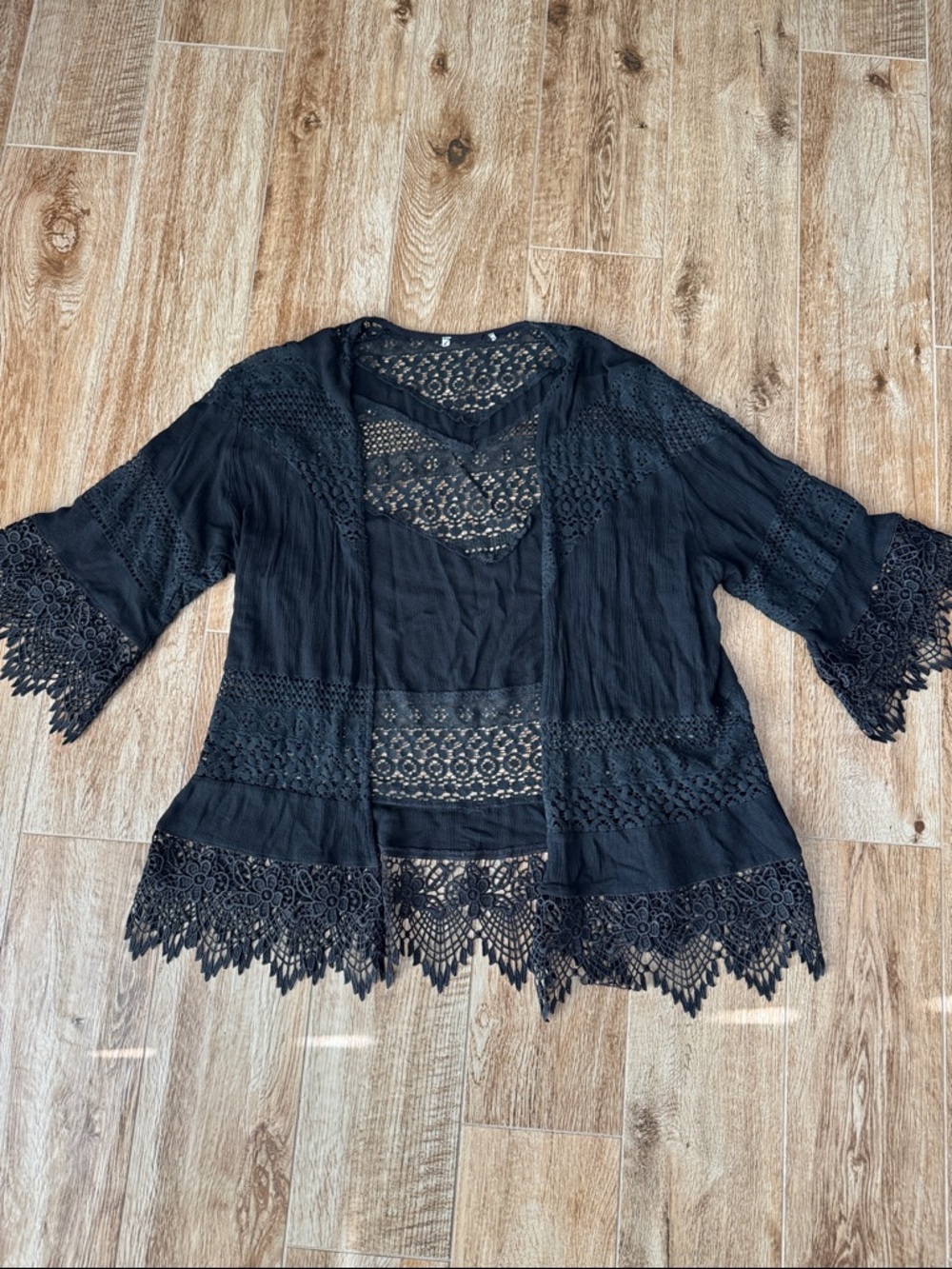 Lace Trim Black Women's Open-Front Top